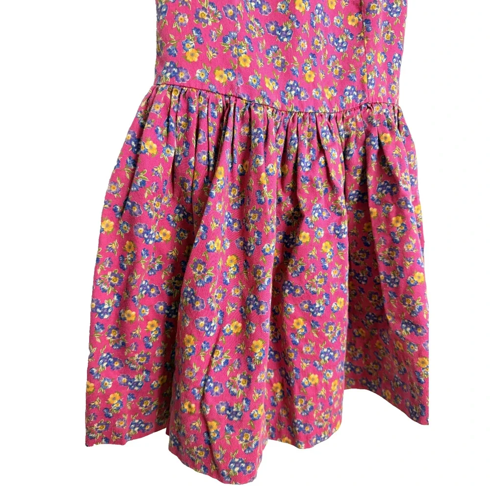 VTG Ralph Lauren Fit Flare Dress Girls 7 Pink Blue Floral Button Back Sleeveless